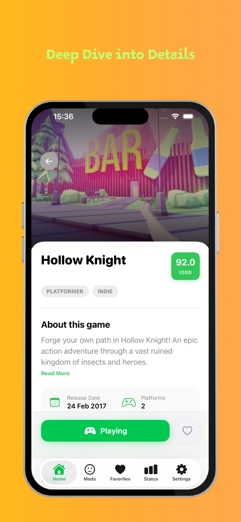 Happy RockMods : Gaming Hub - Happy RockMods app showing Hollow Knight game details including rating release date and play status