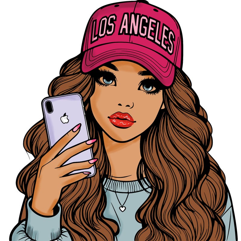 realistic beautiful girl wearing los ángeles cap holding an iphone