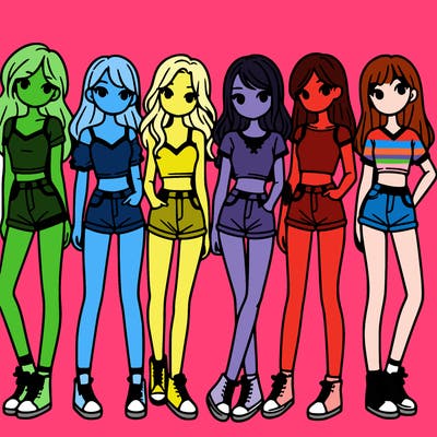 a group of girls wearing crop tops and shorts