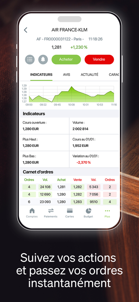 Interfaz de trading de acciones de la aplicación Fortuneo que muestra datos de mercado y gráfico de precios de Air France-KLM