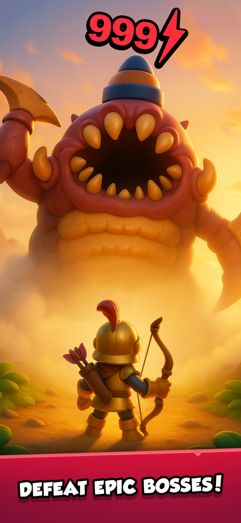 Magic Archer: Fantasy RPG Game - Un archer doré affrontant un énorme boss monstre orange dans un paysage fantastique