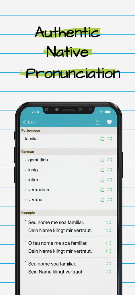 Captura de tela da interface do aplicativo Dicionário Alemão Português mostrando traduções para a palavra familiar com ícones de áudio para pronúncia nativa e frases de exemplo.
