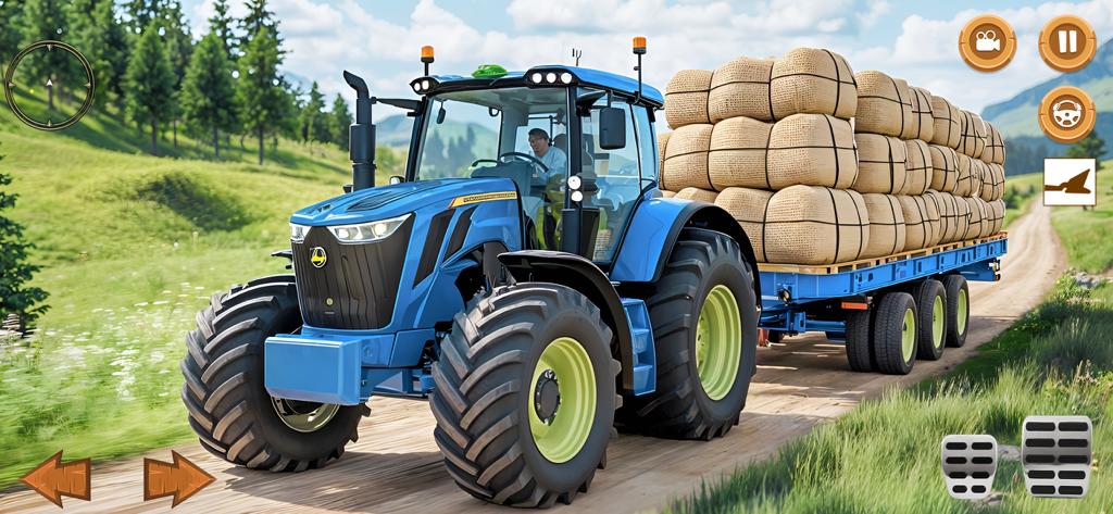 Real Farming Tractor 3D - Un tractor azul tirando de un remolque cargado de fardos de heno en un camino rural en un juego de simulación de agricultura 3D.
