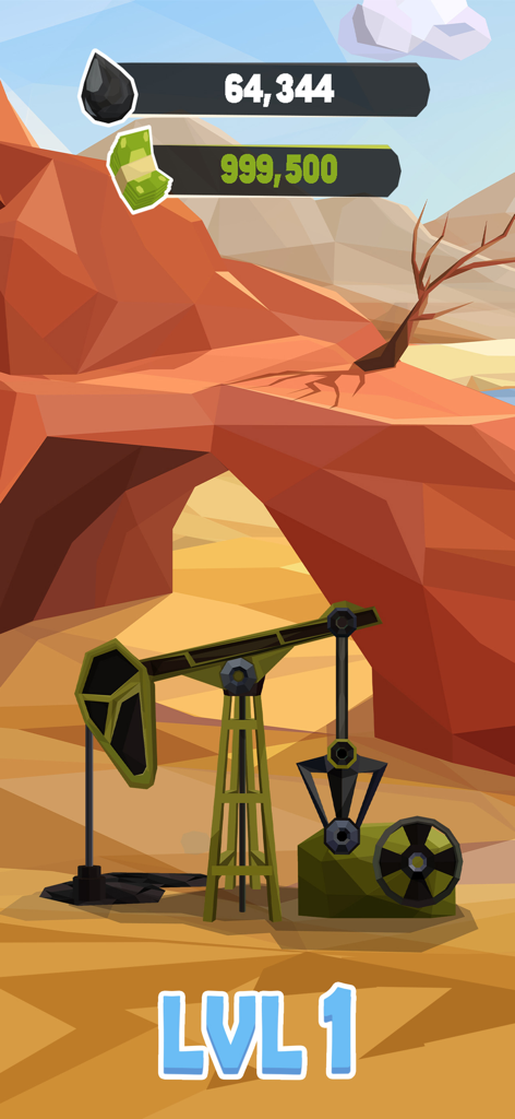 Oil Tycoon: Idle Miner Factory - Screenshot di gioco di Oil Tycoon Idle Miner Factory al livello 1 che mostra un pozzo petrolifero in un ambiente di canyon desertico