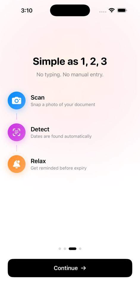 Expiro App - Expiro 앱 온보딩 화면, 스캔, 감지, 휴식의 3단계 프로세스 설명