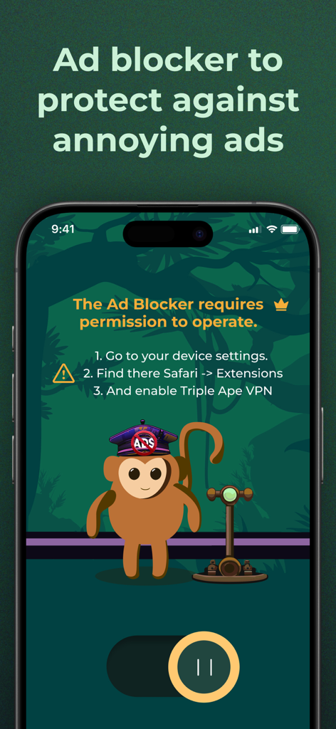 Triple Ape VPN - Triple Ape VPN ad blocker interface featuring a monkey mascot and setup instructions for Safari