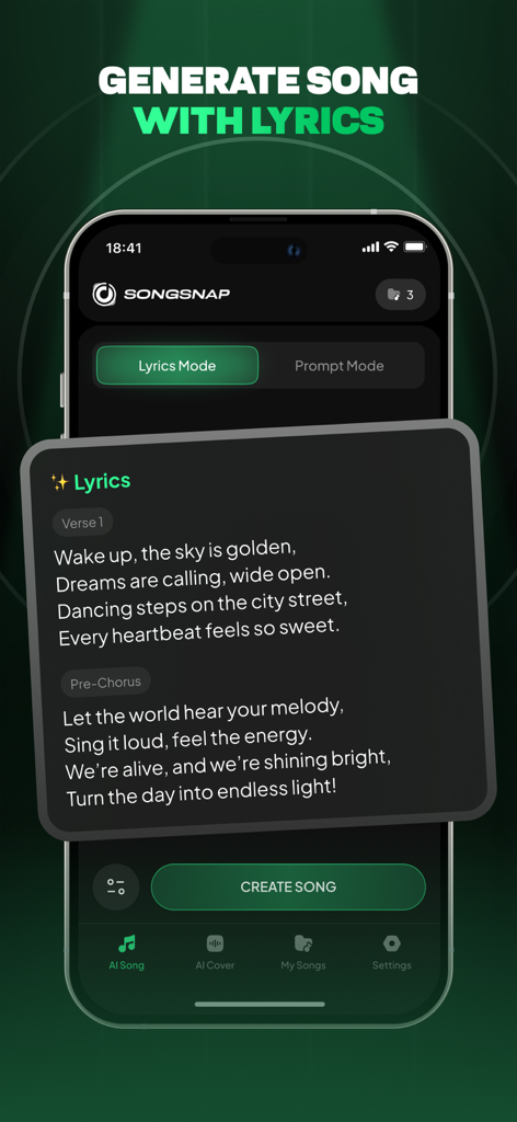 SongSnap: AI Music Maker - Interface of SongSnap app showing lyrics mode for AI song generation.