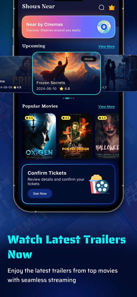Interface of MovieBox app displaying movie trailers and nearby cinema search features