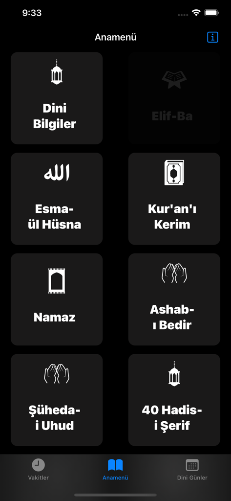 Menu principal de l'application Islam en turc présentant des carreaux de catégories religieuses comme le Coran et la Prière.