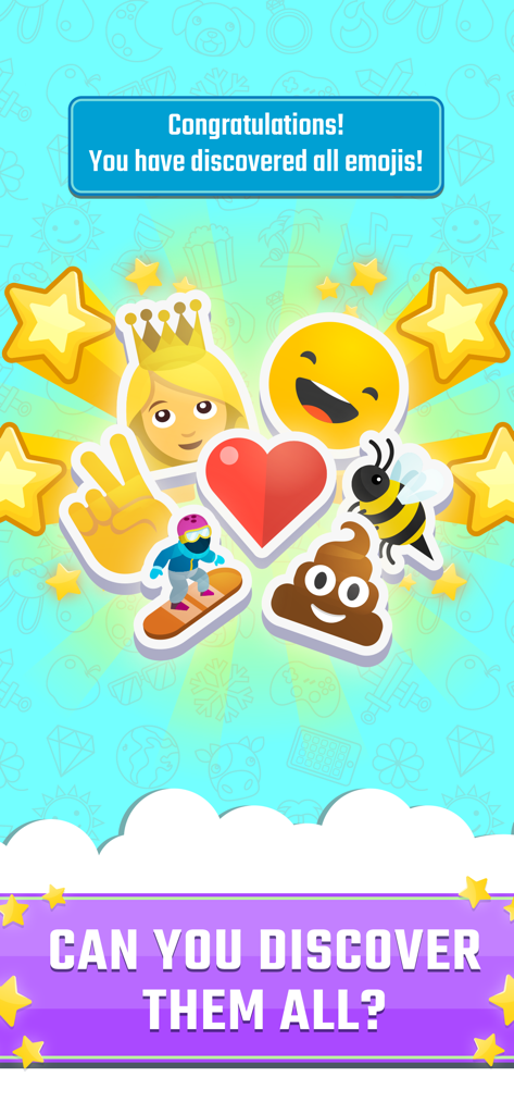Una colorida pantalla de juego que muestra una colección de emojis desbloqueados como una princesa corazón y una abeja con el texto "¡Felicidades! Has descubierto todos los emojis."