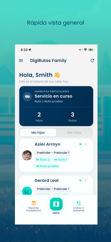DigiRutas Family app dashboard showing school bus tracking status and family route overview.