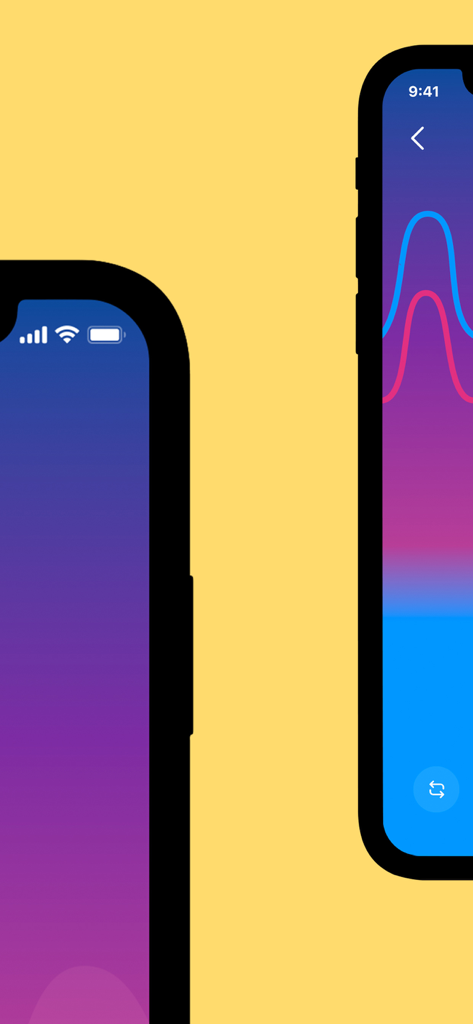 Satisfyer Connect mobile app interface displaying haptic vibration wave sequences on smartphone screens with a purple and blue gradient background