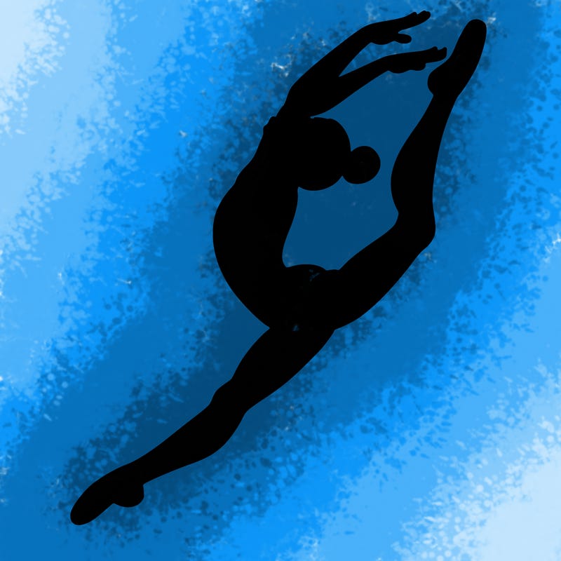 gymnast doing a leap in a leotard with a bent back leg