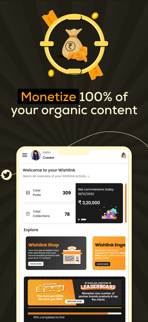 Wishlink Creator app interface showing earnings dashboard and monetization features for content creators