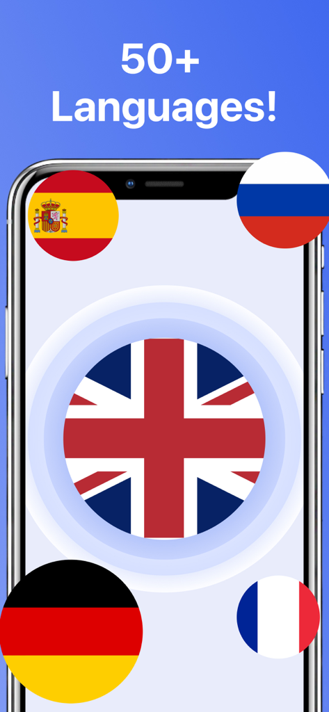 さまざまな国旗のアイコンで50以上の言語のサポートを強調するスマートフォン画面。