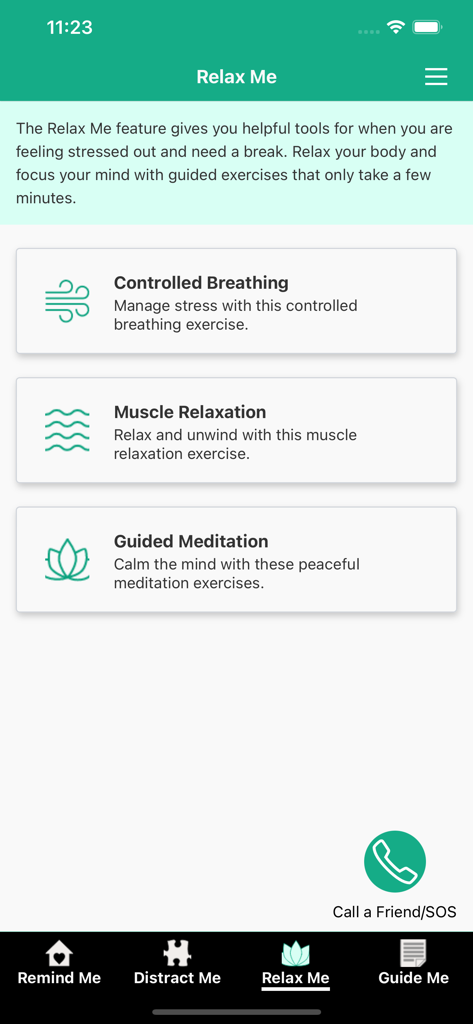 Virtual Hope Box (new) - Relax Me screen within the Virtual Hope Box app displaying various relaxation tools
