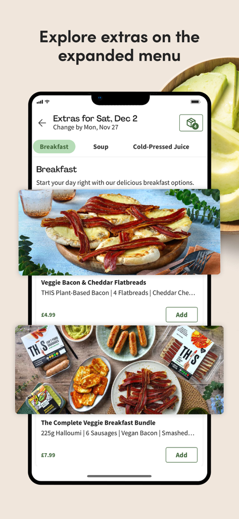 Green Chef mobile app screen showing breakfast extra options like veggie flatbreads and breakfast bundles