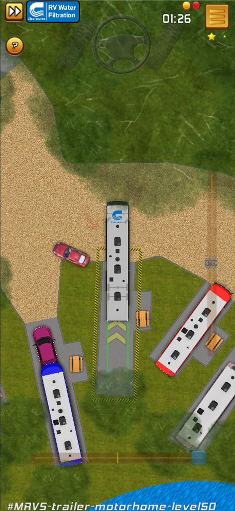 Top-down view of a motorhome backing into a parking spot in an RV park simulation