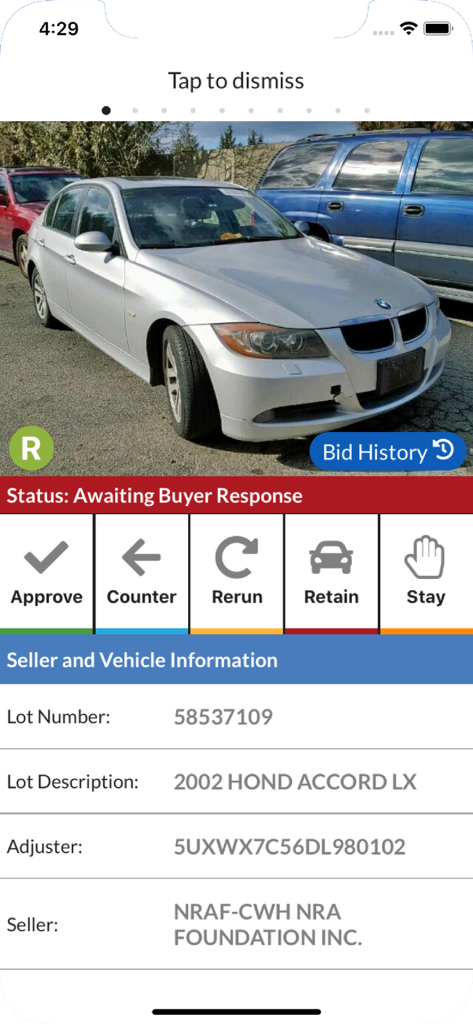 Interface of the Copart Seller app showing vehicle lot information and action buttons to approve or counter a bid