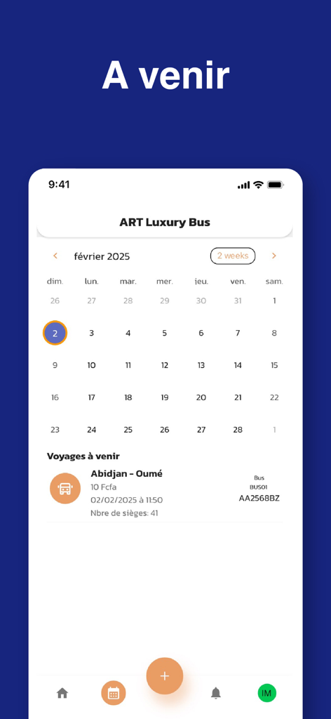 A mobile app screen showing a booking calendar for February 2025 with an upcoming bus trip from Abidjan to Oumé.