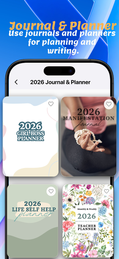 Canvas Template & Design Maker - Captura de pantalla de la aplicación Canvas Template and Design Maker que muestra plantillas de diarios y planificadores 2026 para Girl Bosses y Maestras.