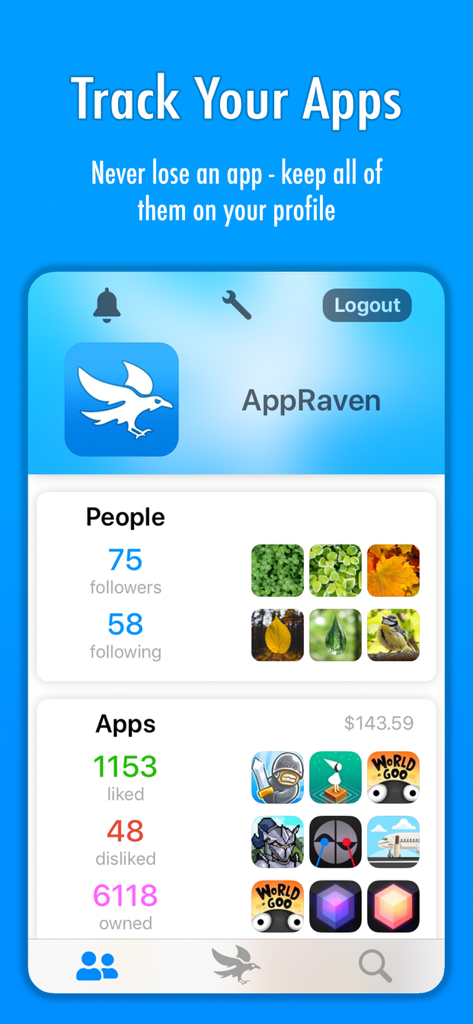 AppRaven: Apps Gone Free - AppRaven user profile interface showing statistics for followed people, liked apps, and owned apps value.