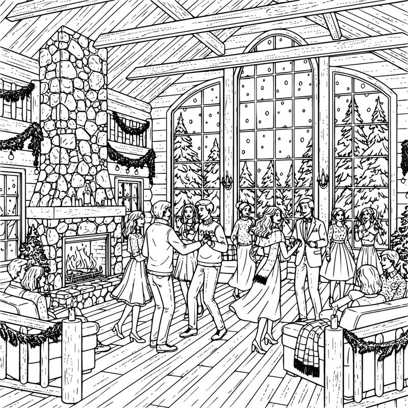cozy winter formal held inside a large wooden lodge. teens or young adults in formal clothing dance near a stone fireplace while snow falls outside large windows. some guests sit on couches or stand nearby chatting. decorations like evergreen branches, candles, and string lights decorate the room. include details like warm winter clothing layers, wood beams, candles, and snow outside so there are seasonal details for coloring. people to look realistic, not cartoon-like