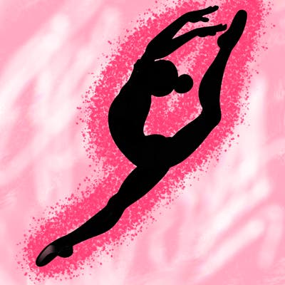 gymnast doing a leap in a leotard with a bent back leg
