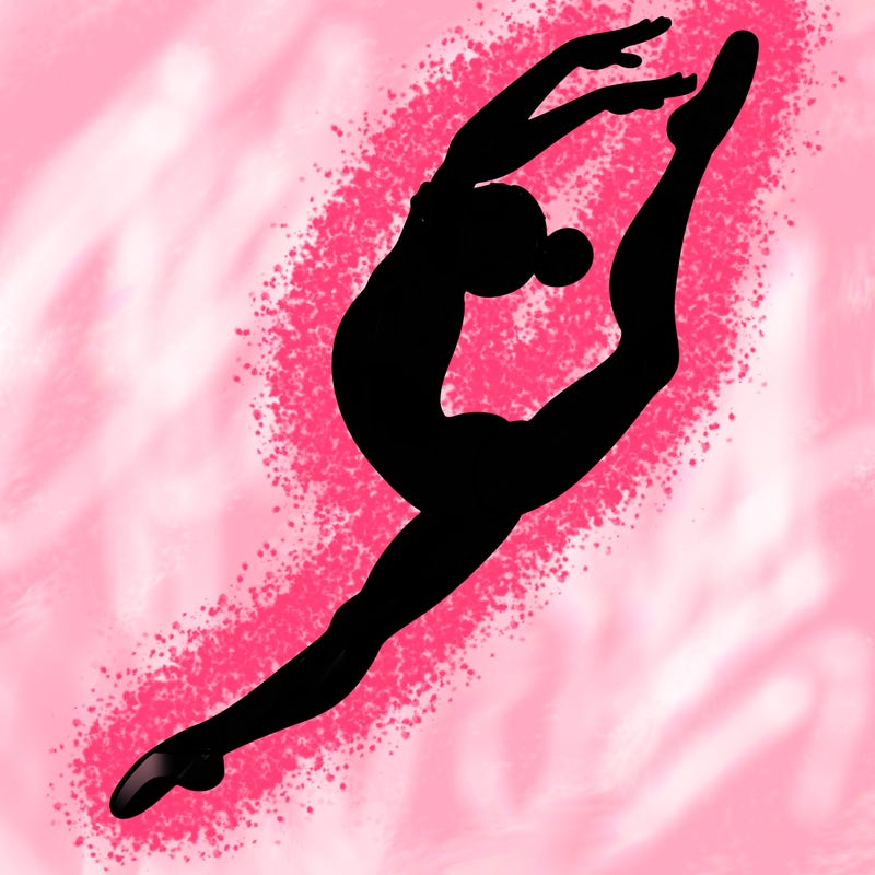 gymnast doing a leap in a leotard with a bent back leg