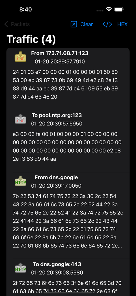 Packet Sender - UDP/ TCP/ SSL - Tela de log de tráfego do Packet Sender mostrando pacotes UDP e HTTP em notação HEX.