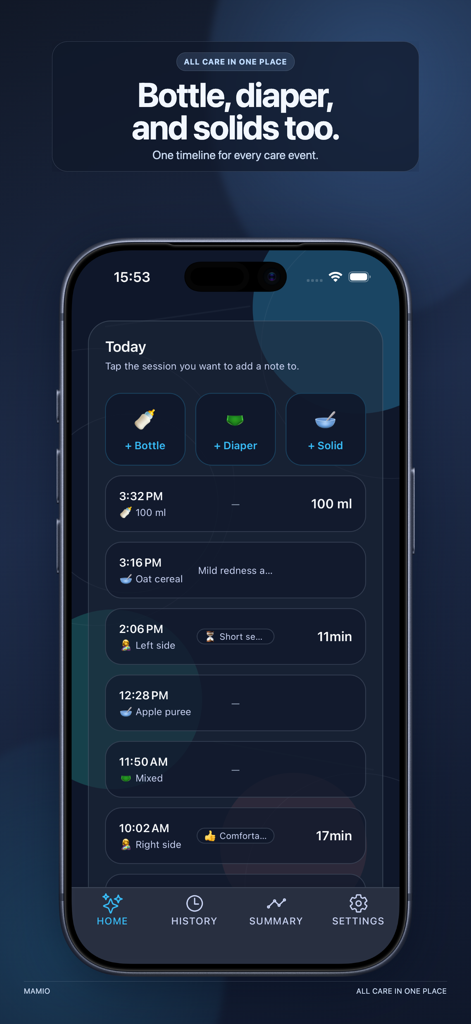 Mamio: Breastfeeding Tracker - Pantalla de smartphone que muestra la línea de tiempo de la aplicación Mamio con registros de alimentación con biberón, pañales, sólidos y lactancia