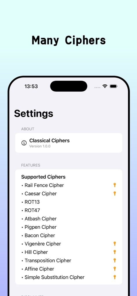 Classical Ciphers - List of 12 supported classical ciphers on the settings screen of the app including Caesar and Vigenere
