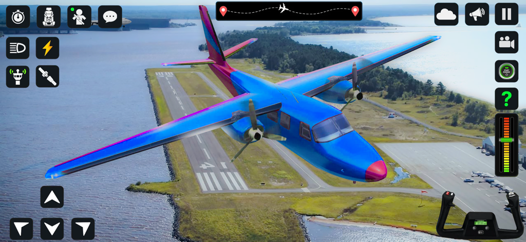 A blue and pink propeller plane flying above a runway in the Airplane Game Flight Pilot simulator.