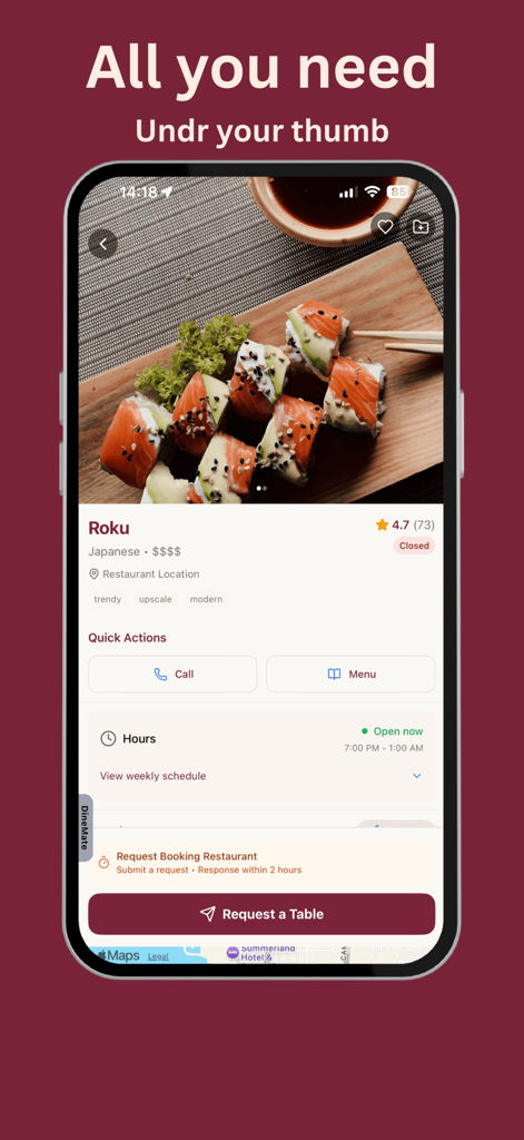Plate app restaurant profile screen for a high-end Japanese restaurant showing a booking request button and restaurant details.