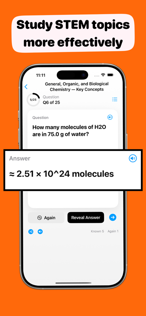 Flashcards Maker - DeckUp - A mobile app screen showing a chemistry flashcard with a question about water molecules and its answer for STEM students