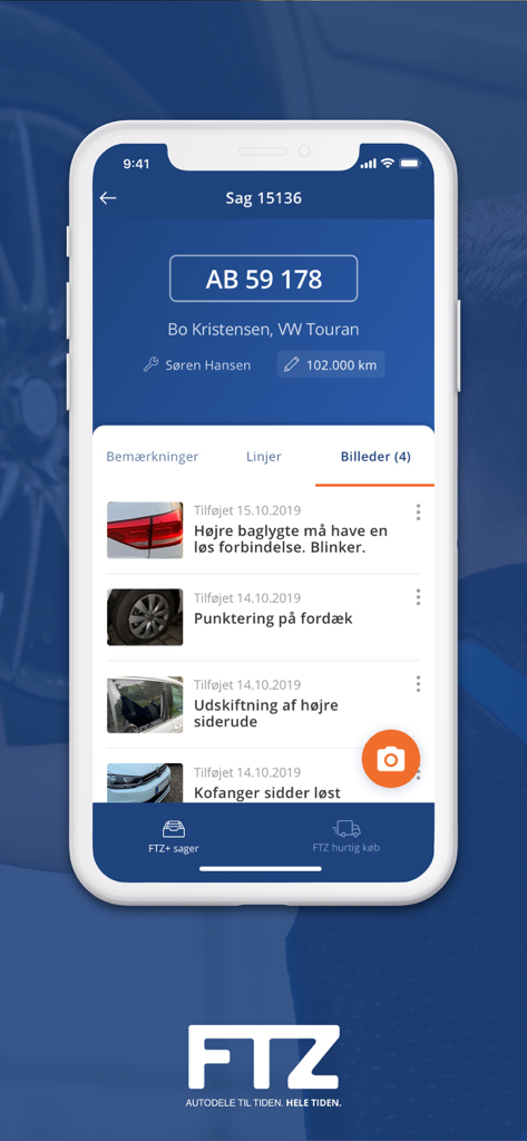 FTZ - FTZ mobile app interface showing a vehicle repair case with documentation photos of car damage and parts.