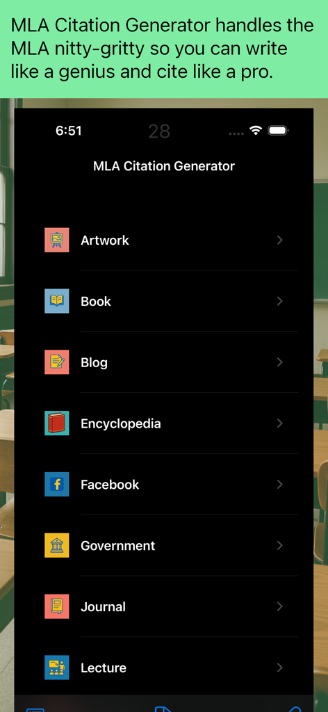 MLA Citation Generator app menu showing options for citing sources like books and blogs