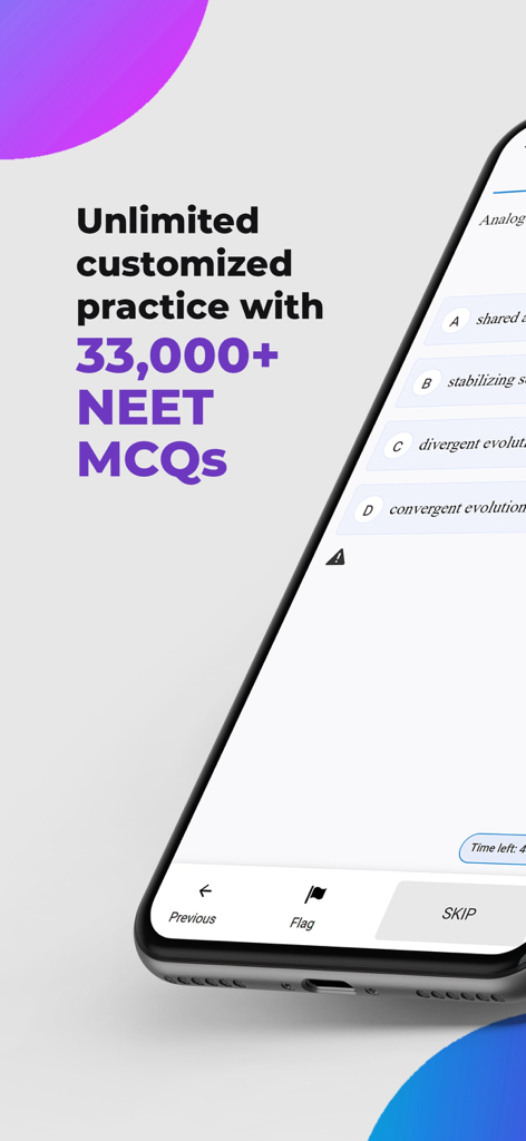 NEET Prep App by Darwin - ダーウィンNEET対策アプリのインターフェース。33,000以上のMCQを含む練習問題が表示されています。