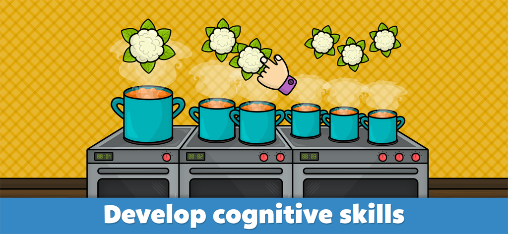Schermata di gioco prescolare che mostra un'attività di smistamento con cavolfiori e pentole per sviluppare abilità cognitive