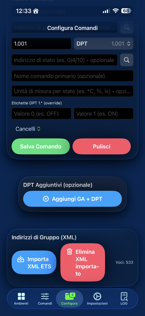 KNX Pro Tester - KNX Pro Tester App-Oberfläche zur Konfiguration von Befehlen und zum Import von ETS-XML-Gruppenadressen