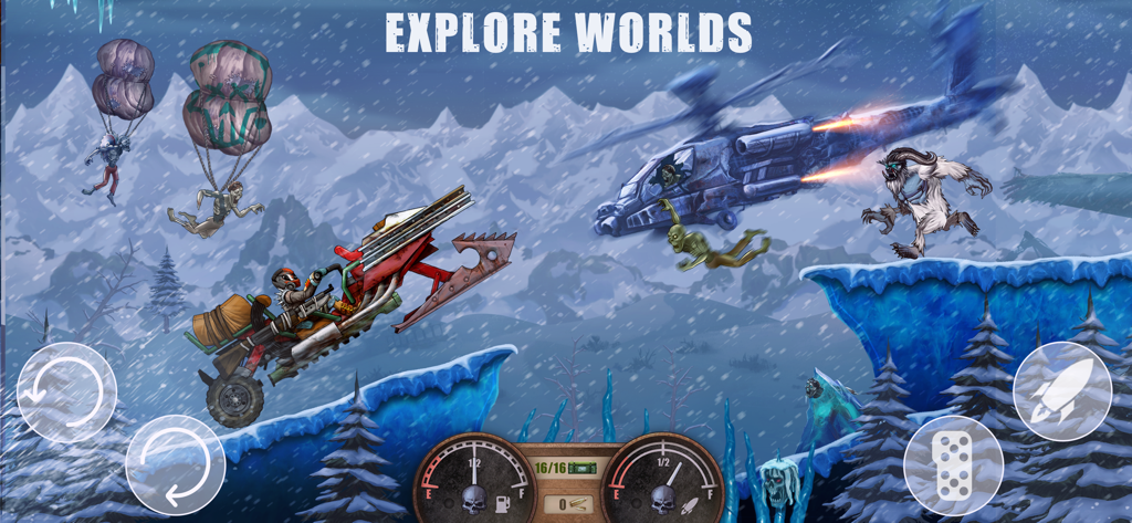 Dead Hill Racing: Zombie Climb - A weaponized motorcycle racing through a snowy mountain level with zombies and a helicopter in Dead Hill Racing.