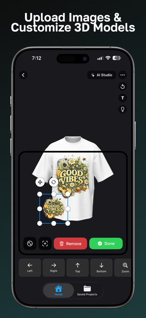 FitMockupアプリのインターフェース。フローラルグラフィックとデザインツールを使用して、白いTシャツをカスタマイズしている様子が表示されています。