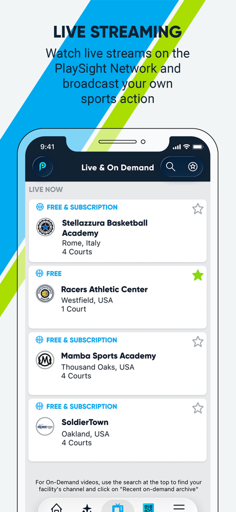 Pantalla de la aplicación móvil PlaySight que muestra una lista de transmisiones en vivo de baloncesto de academias deportivas.