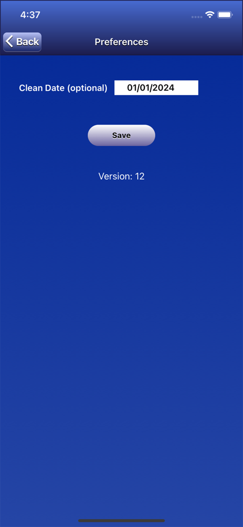 Preferences screen of the NA Meeting Search app featuring a clean date entry field and a save button