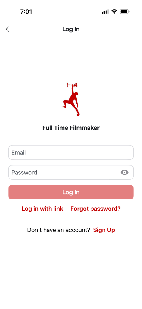 Full Time Filmmaker - Tela de login do aplicativo Full Time Filmmaker com logotipo vermelho da marca e campos de entrada para e-mail e senha