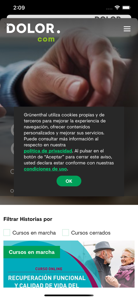 App Dolor.com - Interfaz de la aplicación médica Dolor.com que muestra cursos profesionales de manejo del dolor para proveedores de salud.