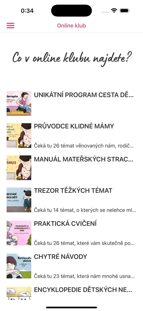 Supermáma - Supermama app interface showing a menu of expert parenting guides and developmental programs