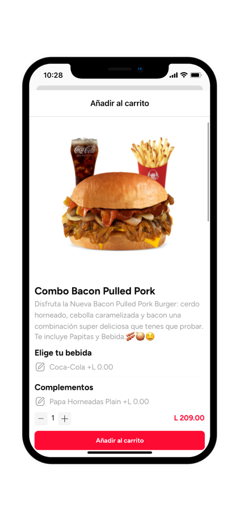 Wendy's Honduras - Wendy's Honduras mobile app screen showing a Bacon Pulled Pork combo meal with fries and a soda