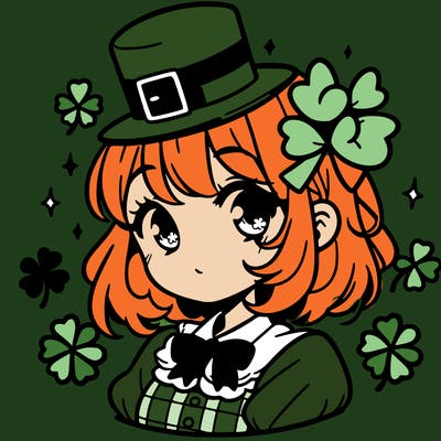 a manga-style girl with clovers around her, a little hat in her hair, like it's saint patrick's day