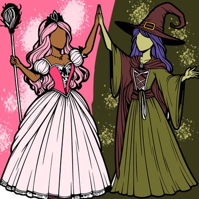 detailed realistic split of a princess and a witch